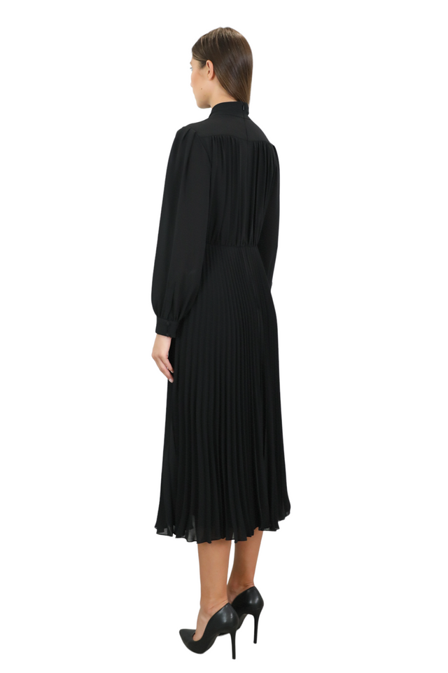 Mikael Aghal Pleated Bow-Tie Midi Dress in Black