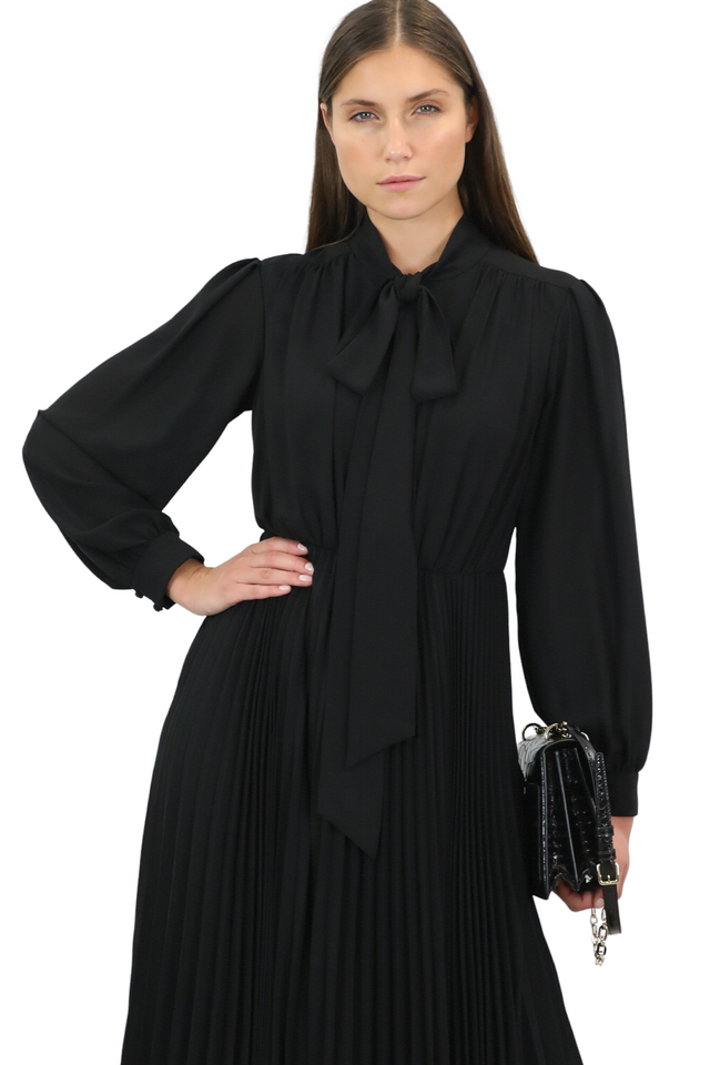 Mikael Aghal Pleated Bow-Tie Midi Dress in Black