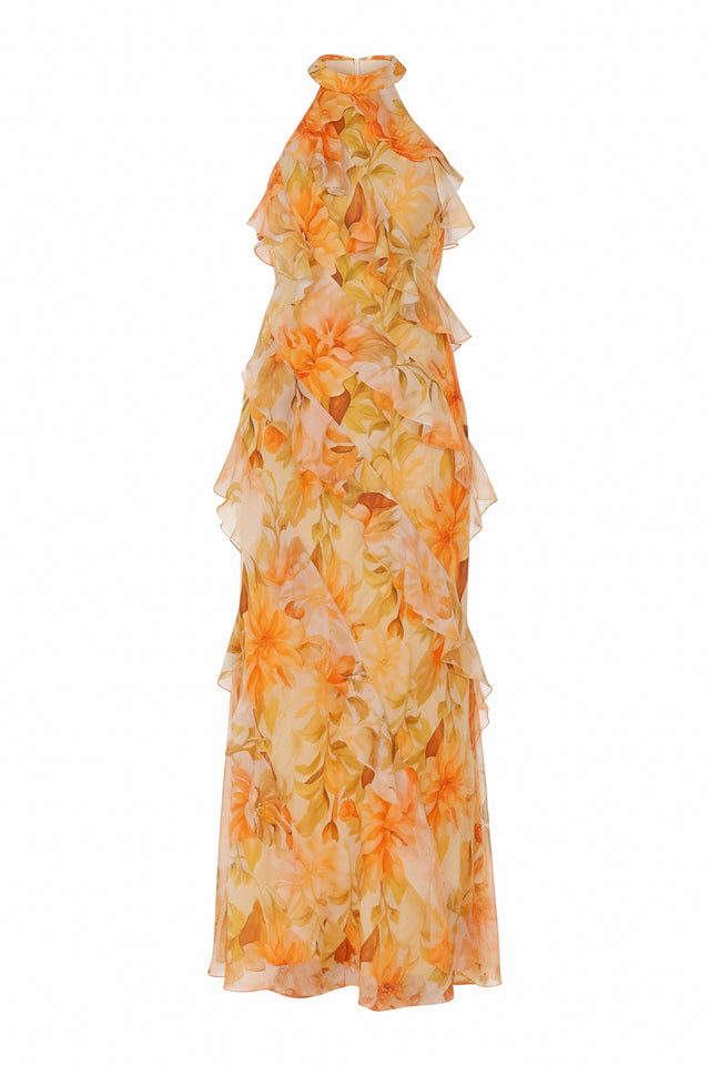Mikael Aghal Floral Ruffle Halter Gown