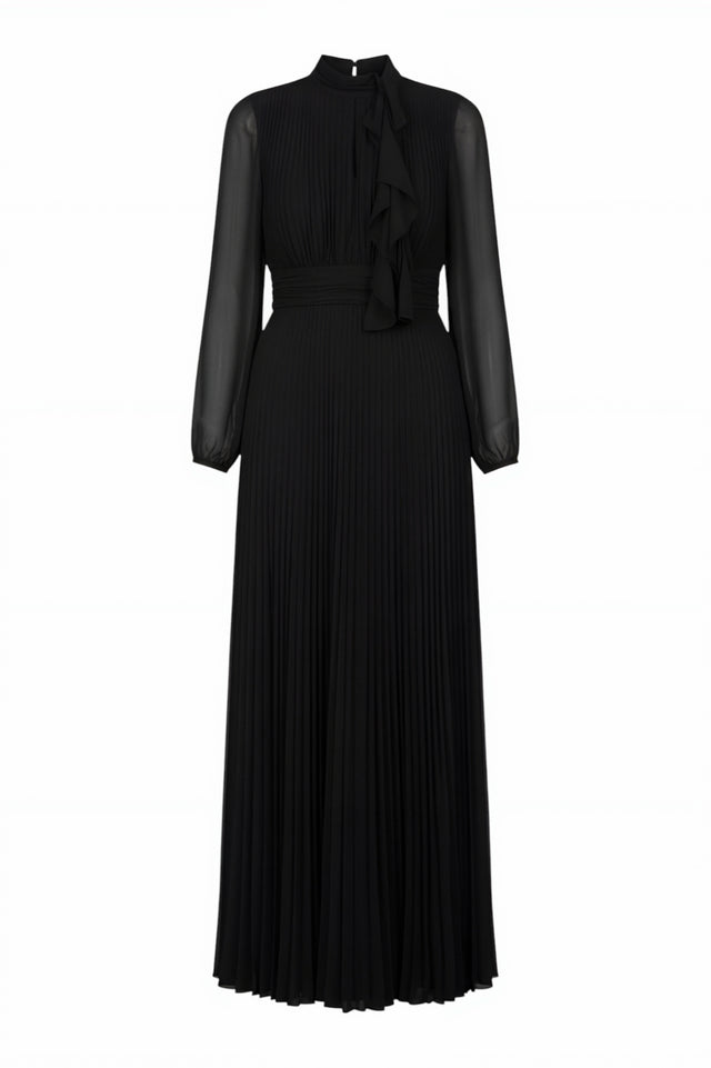Mikael Aghal Black Pleated Chiffon Maxi Dress with Neck Tie