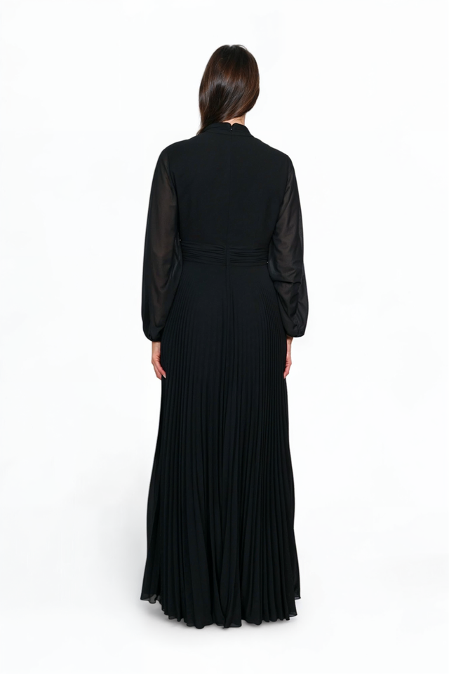 Mikael Aghal Black Pleated Chiffon Maxi Dress with Neck Tie