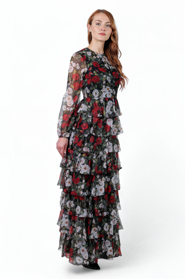 Mikael Aghal Floral Tiered Chiffon Maxi Dress