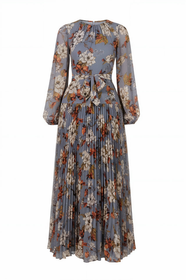 Mikael Aghal Blue Floral Pleated Chiffon Midi Dress