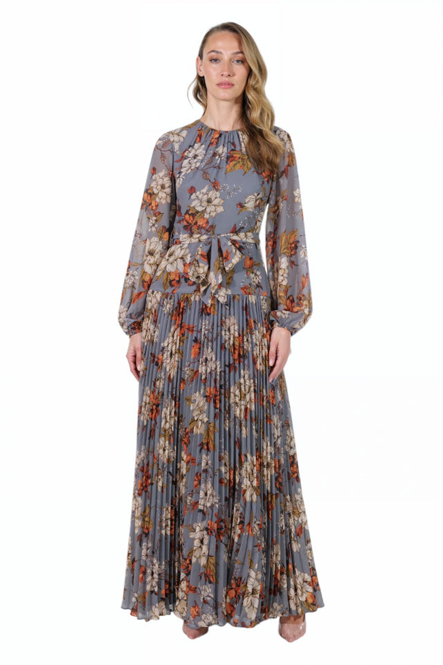 Mikael Aghal Blue Floral Pleated Chiffon Midi Dress