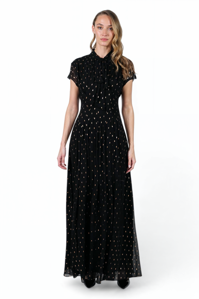 Mikael Aghal Black Gold-Dot Pleated Chiffon Gown