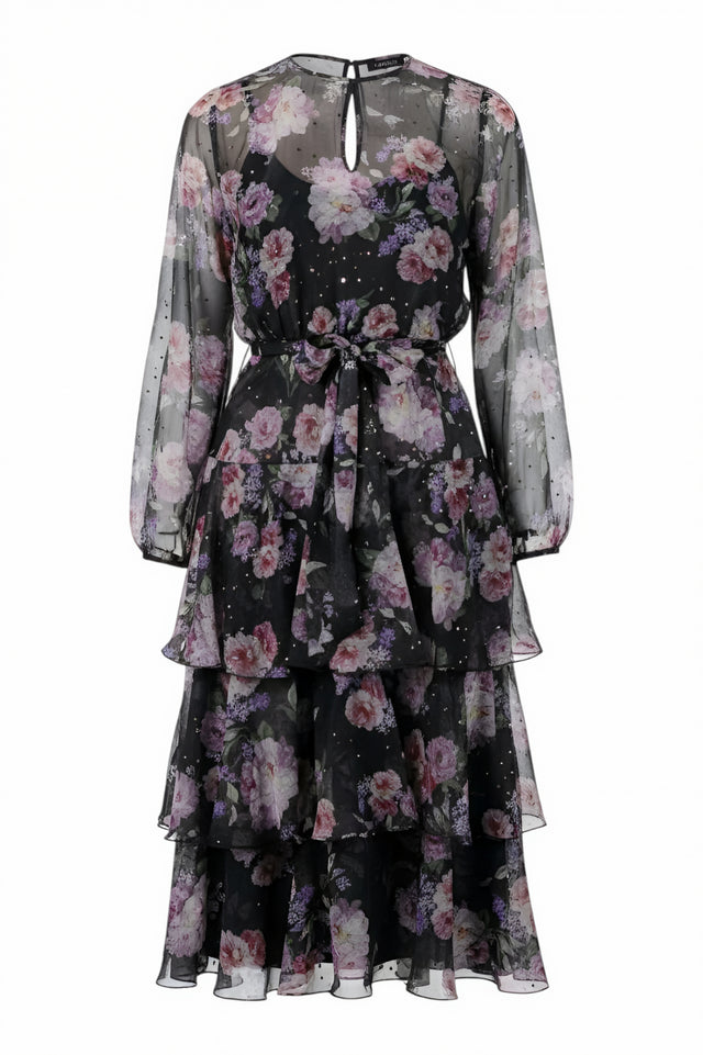 Mikael Aghal Black Floral Tiered Chiffon Dress with Metallic Accents
