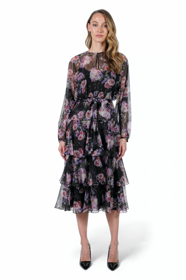 Mikael Aghal Black Floral Tiered Chiffon Dress with Metallic Accents