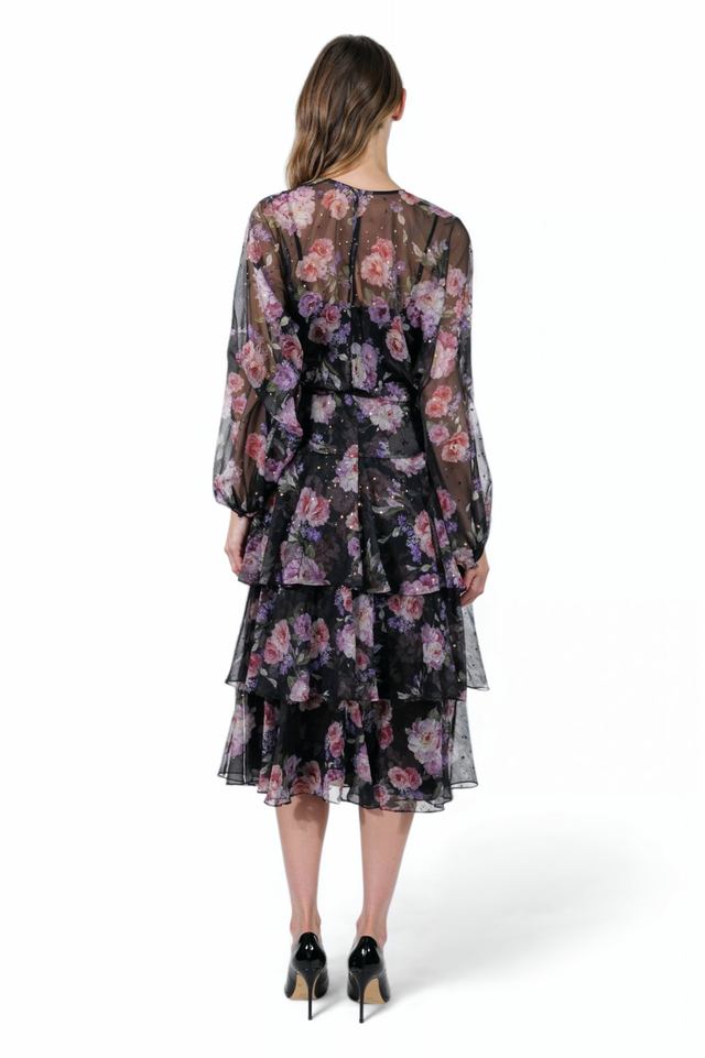 Mikael Aghal Black Floral Tiered Chiffon Dress with Metallic Accents