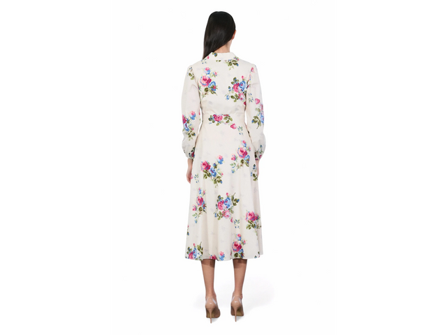 Mikael Aghal Floral Shirt Dress with Waist Tie – Cream Multi Midi Dress