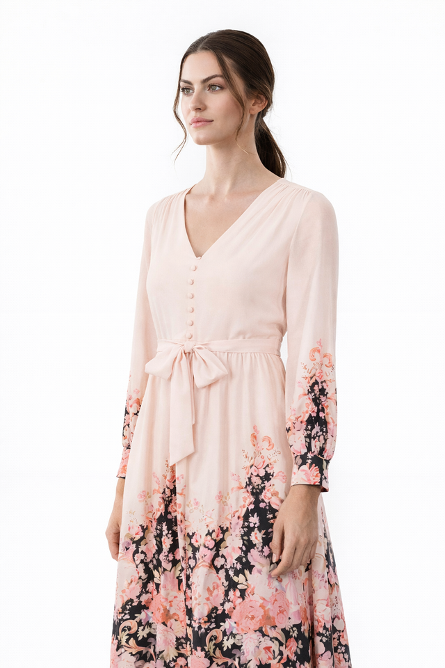 Mikael Aghal Blush Floral Print Long Sleeve Maxi Dress with Tie Waist