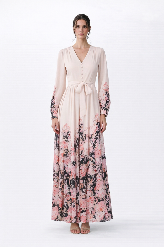 Mikael Aghal Blush Floral Print Long Sleeve Maxi Dress with Tie Waist
