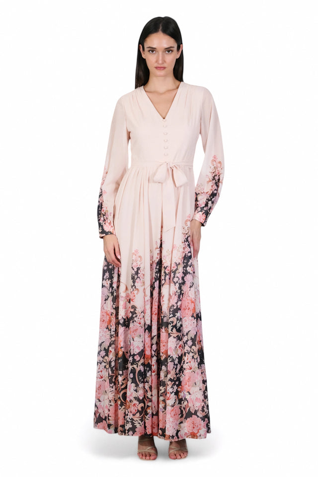 Mikael Aghal Blush Floral Print Long Sleeve Maxi Dress with Tie Waist
