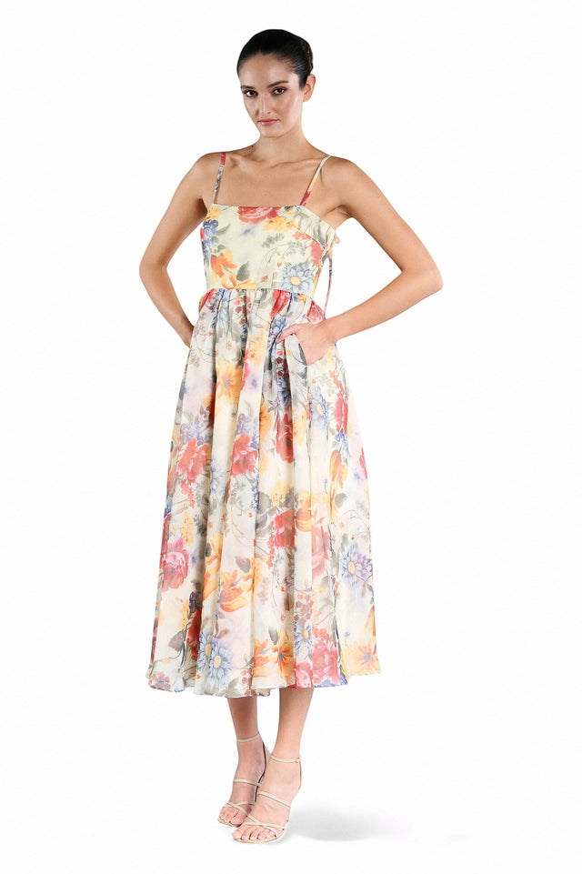 MSA Haute Couture yellow floral print midi dress with spaghetti straps and square neckline. Lightweight flowing fabric.