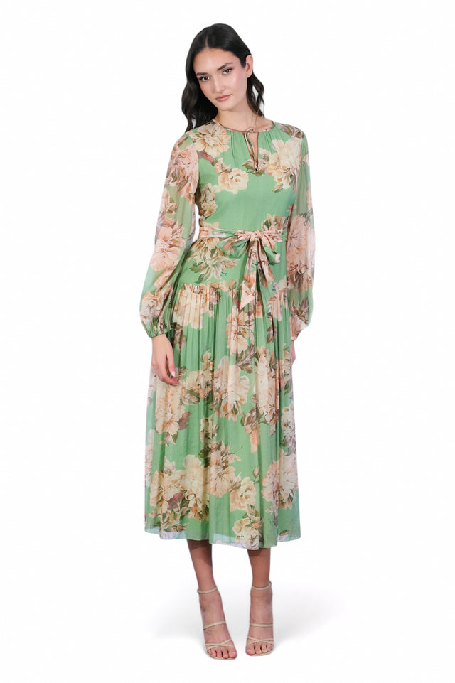 Mikael Aghal Floral Long Sleeve Midi Dress with Pleated Skirt – Green Multi Dress