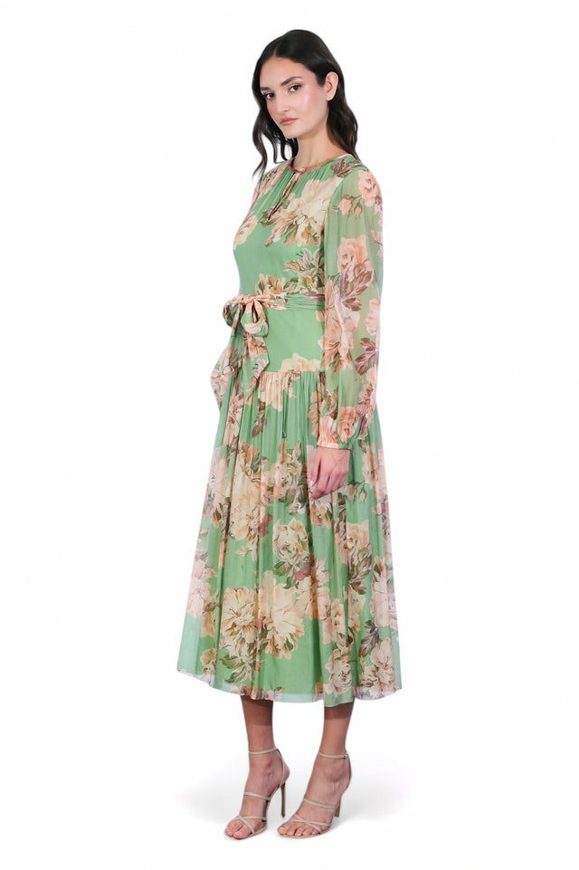 Mikael Aghal Floral Long Sleeve Midi Dress with Pleated Skirt – Green Multi Dress