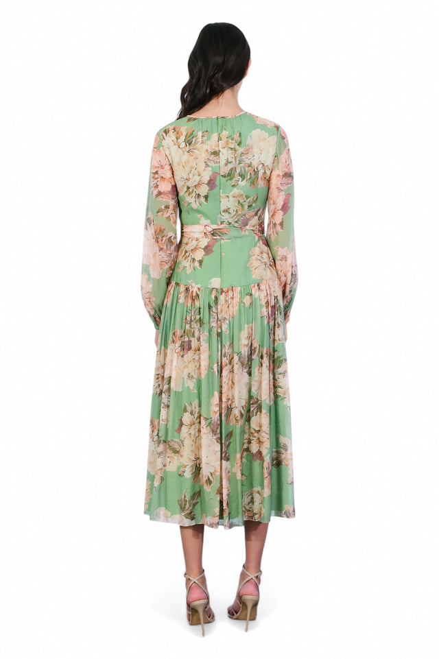 Mikael Aghal Floral Long Sleeve Midi Dress with Pleated Skirt – Green Multi Dress