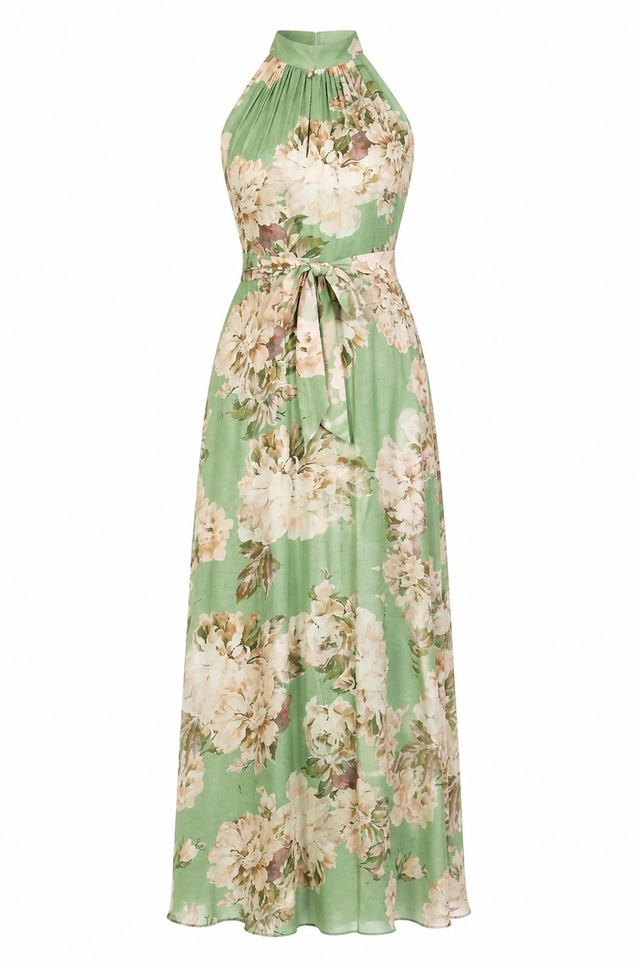 Mikael Aghal Floral Halter Maxi Dress with Waist Tie – Green Multi Gown