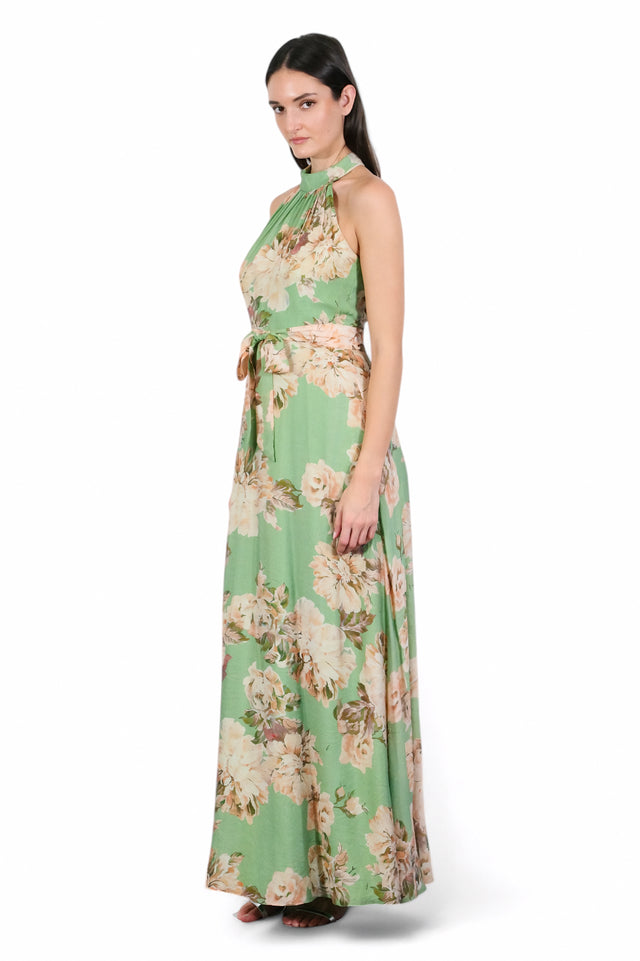 Mikael Aghal Floral Halter Maxi Dress with Waist Tie – Green Multi Gown