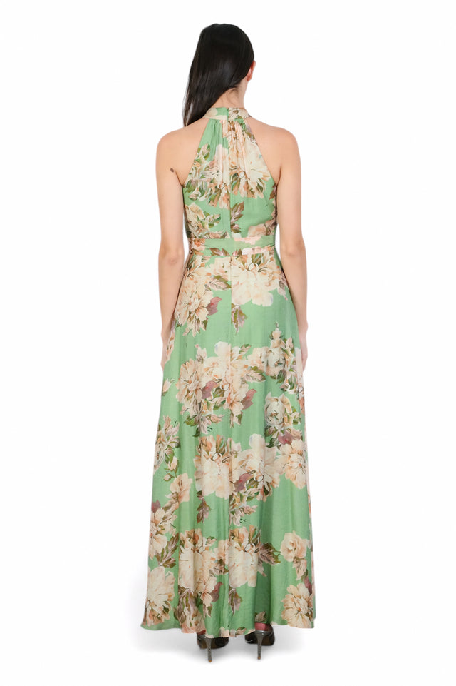 Mikael Aghal Floral Halter Maxi Dress with Waist Tie – Green Multi Gown