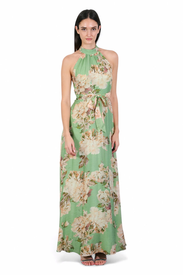 Mikael Aghal Floral Halter Maxi Dress with Waist Tie – Green Multi Gown