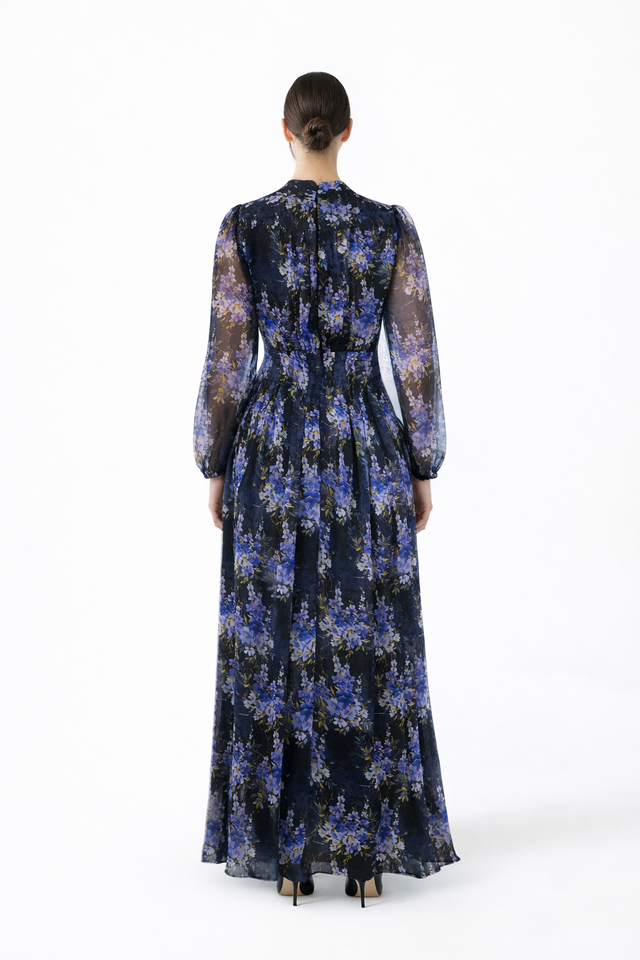 Mikael Aghal Navy Blue Floral Chiffon Long Sleeve Maxi Dress