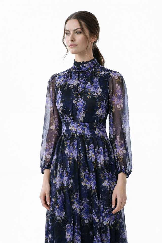 Mikael Aghal Navy Blue Floral Chiffon Long Sleeve Maxi Dress