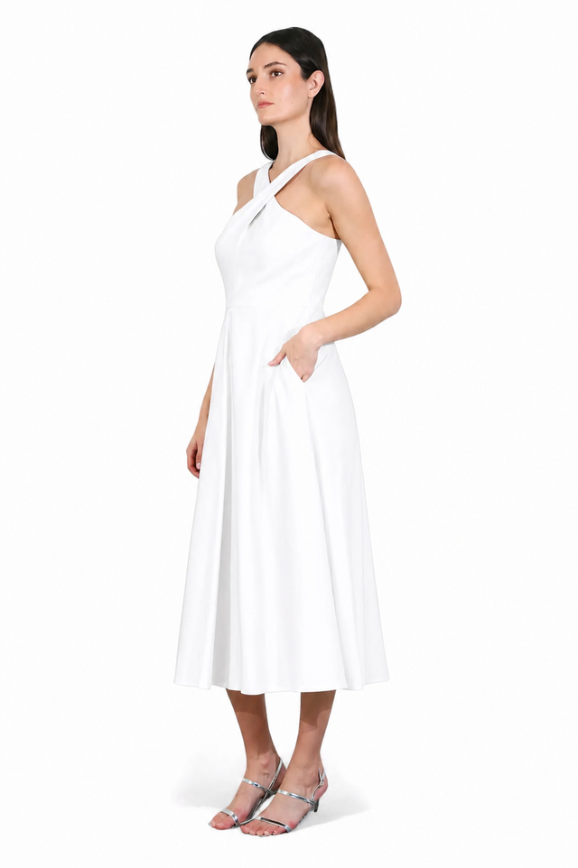 Mikael Aghal Cross-Neck Midi Dress – Ivory Fit & Flare Dress