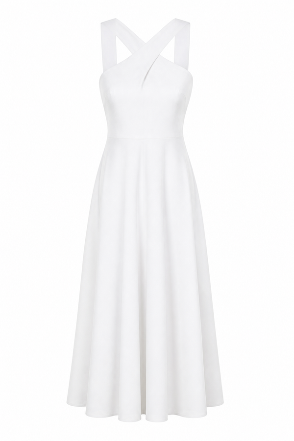Mikael Aghal Cross-Neck Midi Dress – Ivory Fit & Flare Dress