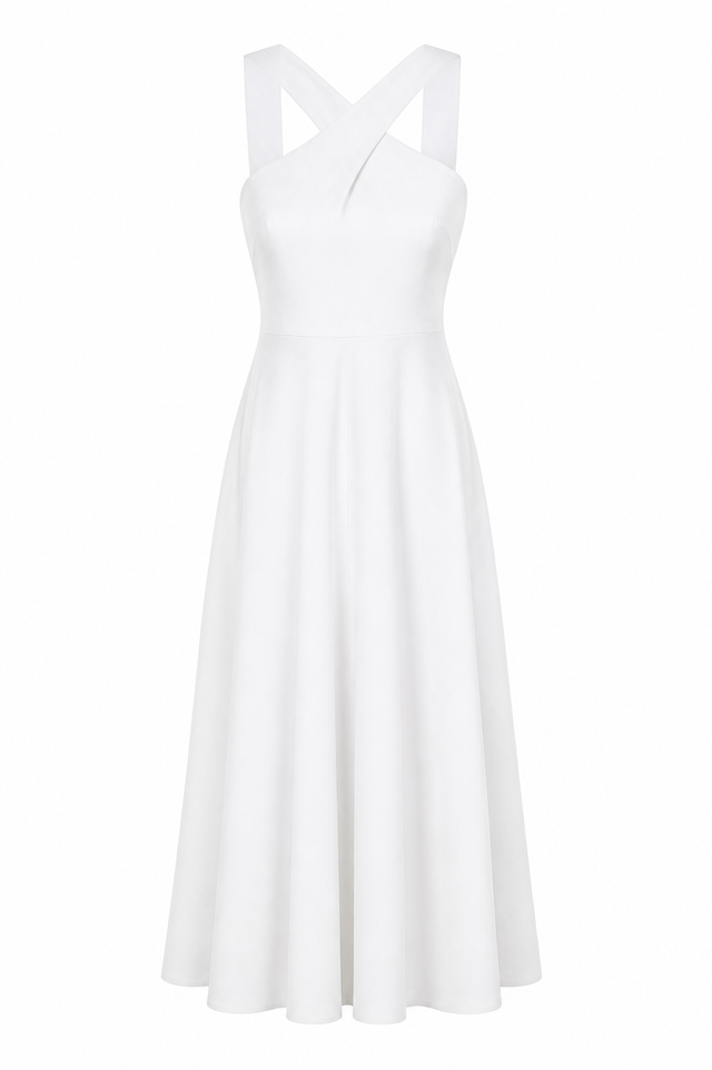 Mikael Aghal Cross-Neck Midi Dress – Ivory Fit & Flare Dress