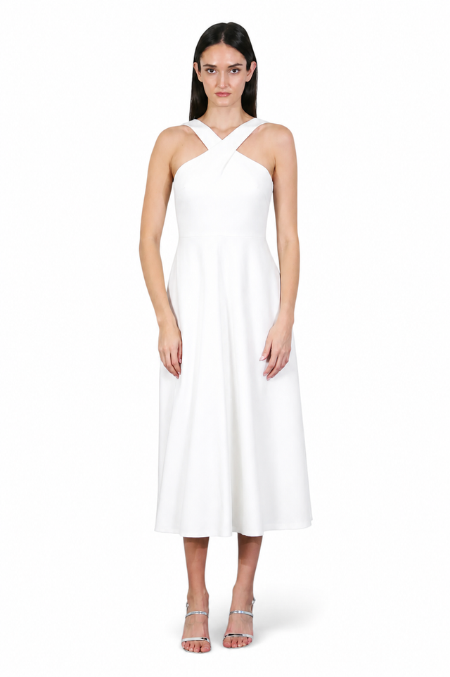 Mikael Aghal Cross-Neck Midi Dress – Ivory Fit & Flare Dress