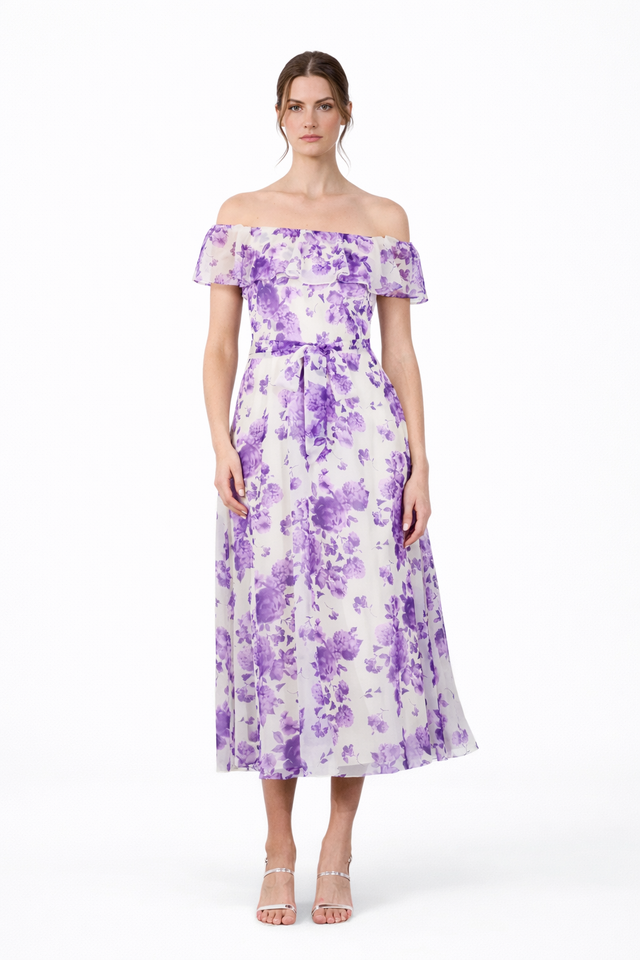 Mikael Aghal Ivory & Lavender Floral Off-Shoulder Midi Dress with Ruffle Neckline