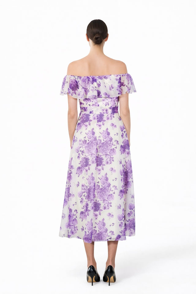 Mikael Aghal Ivory & Lavender Floral Off-Shoulder Midi Dress with Ruffle Neckline