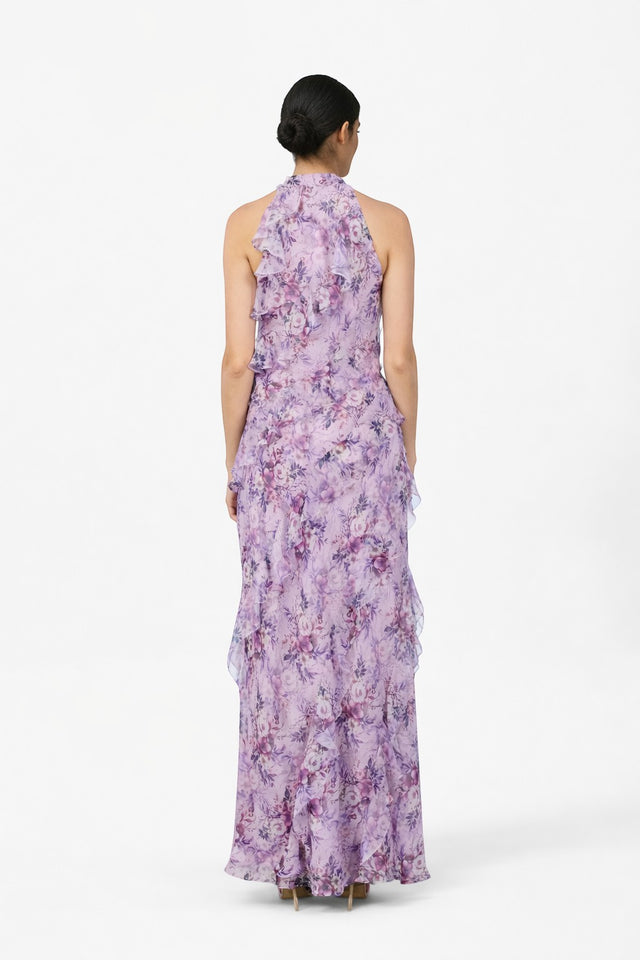 Mikael Aghal Lavender Floral Halter Ruffle Gown