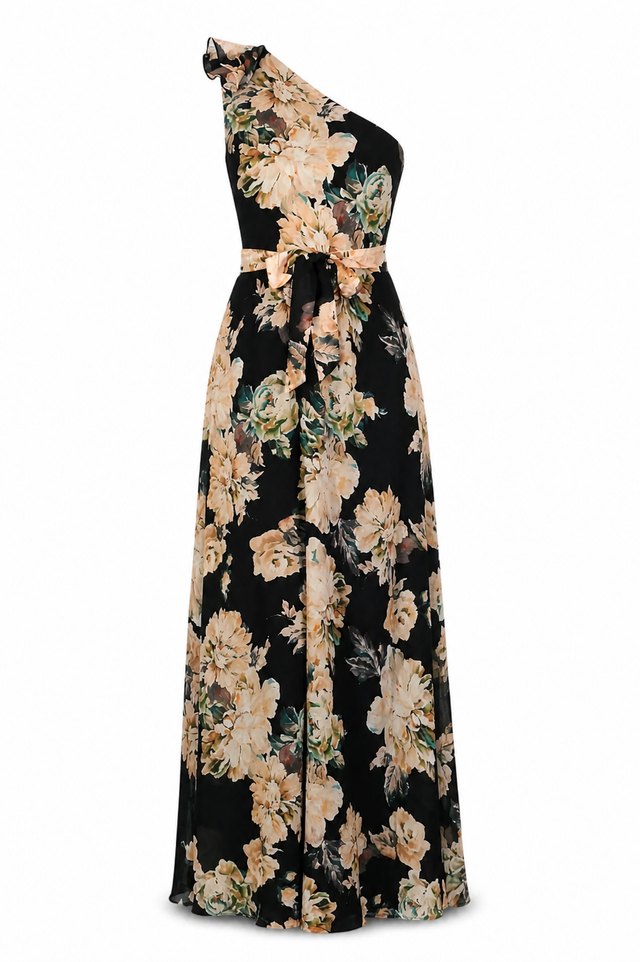 Mikael Aghal One-Shoulder Floral Gown with Waist Tie – Black Multi Maxi Dress