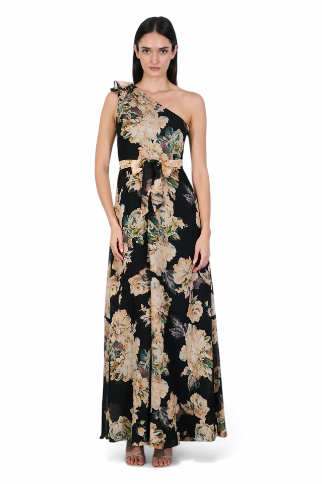 Mikael Aghal One-Shoulder Floral Gown with Waist Tie – Black Multi Maxi Dress