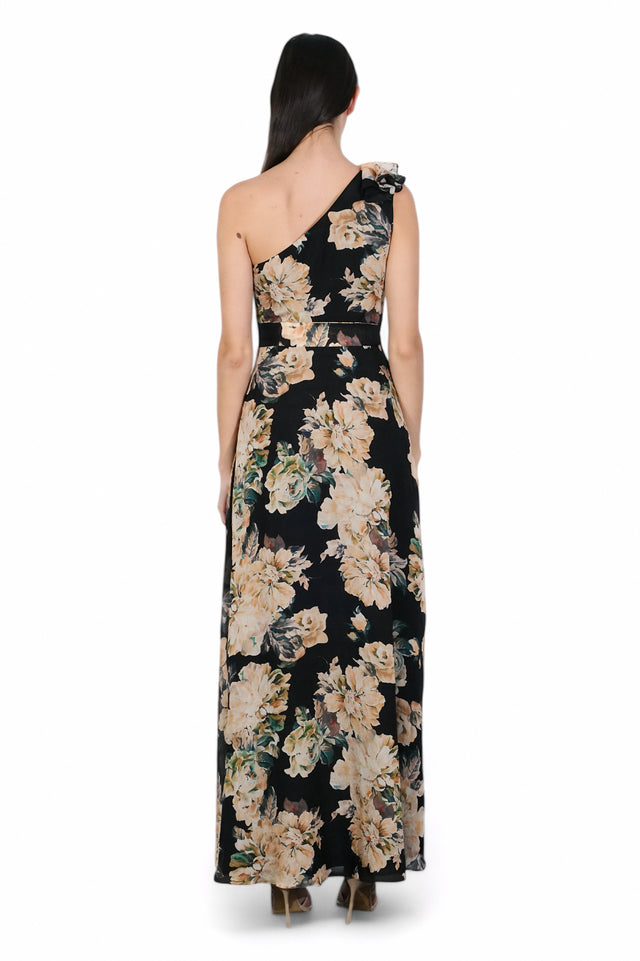Mikael Aghal One-Shoulder Floral Gown with Waist Tie – Black Multi Maxi Dress
