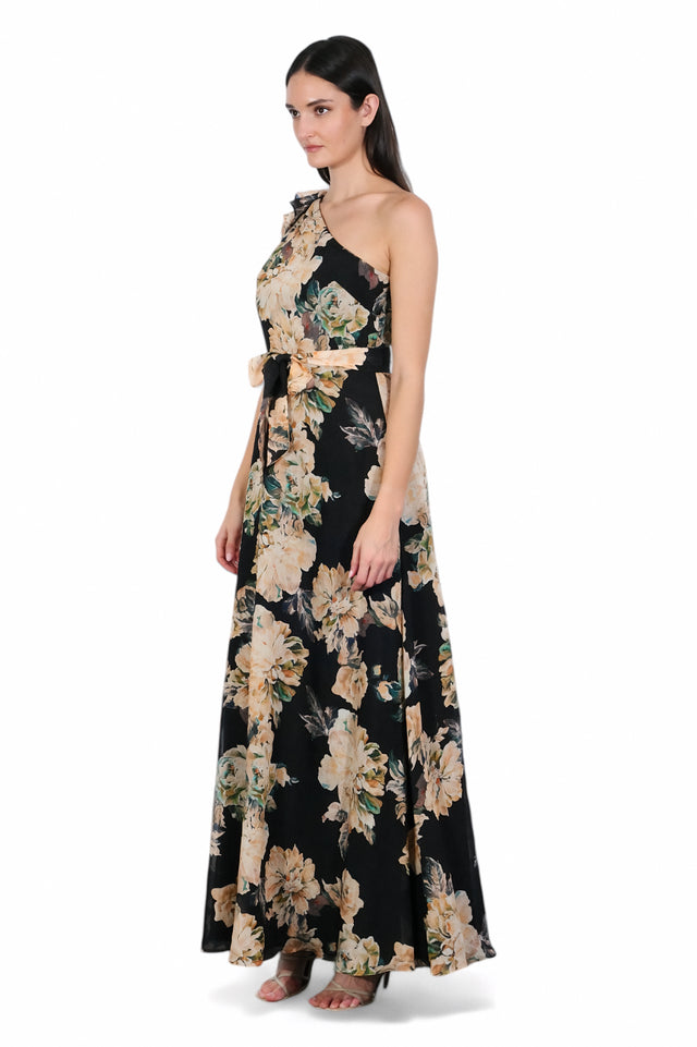 Mikael Aghal One-Shoulder Floral Gown with Waist Tie – Black Multi Maxi Dress