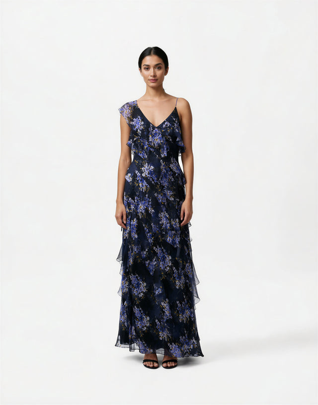 Mikael Aghal Midnight Floral Ruffle Gown