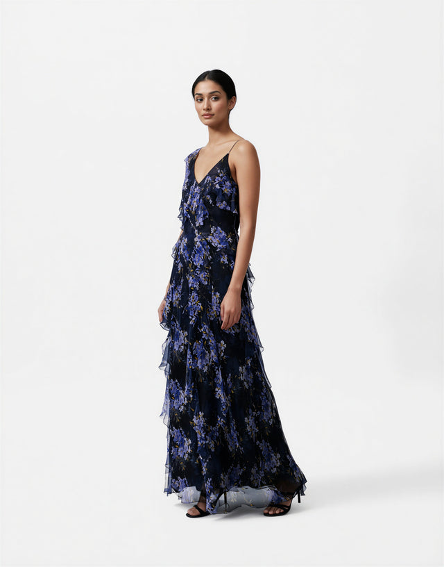 Mikael Aghal Midnight Floral Ruffle Gown