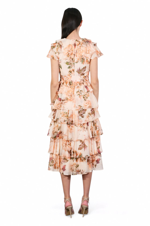 Mikael Aghal Tiered Floral Print Midi Dress