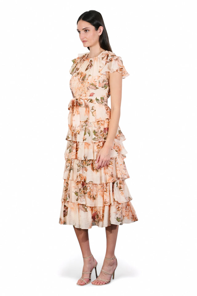 Mikael Aghal Tiered Floral Print Midi Dress