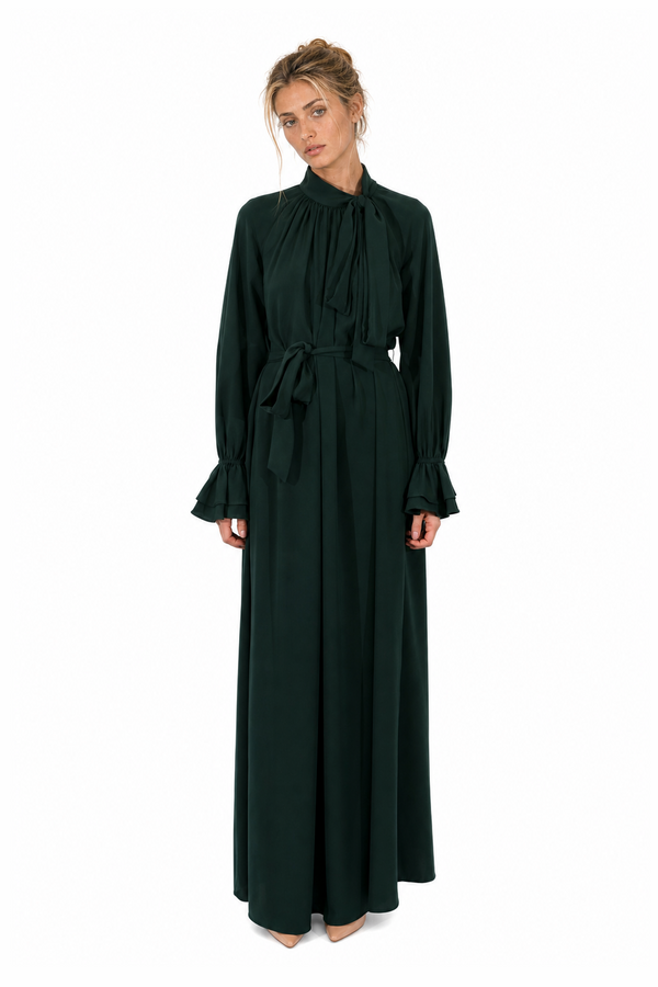 Mikael Aghal women's high-neck tie-detail long-sleeve georgette maxi gown in forest green