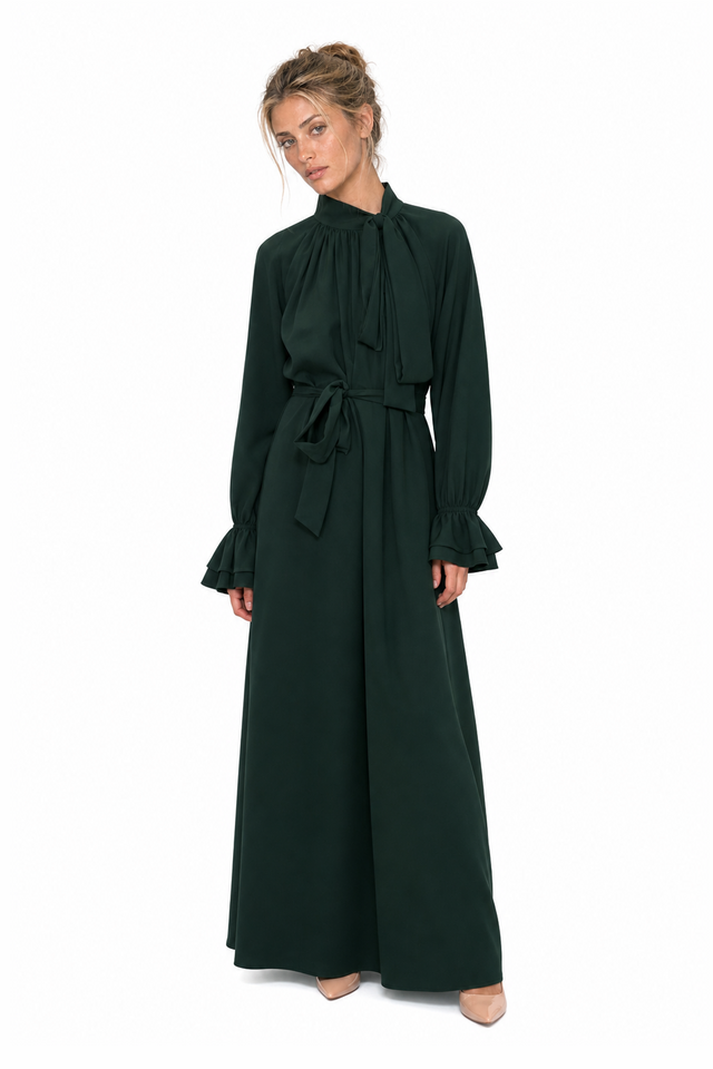 Mikael Aghal Women's High-Neck Tie-Detail Long-Sleeve Georgette Maxi Gown in Forest Green