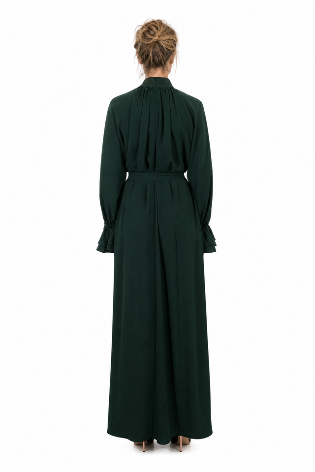 Mikael Aghal Women's High-Neck Tie-Detail Long-Sleeve Georgette Maxi Gown in Forest Green