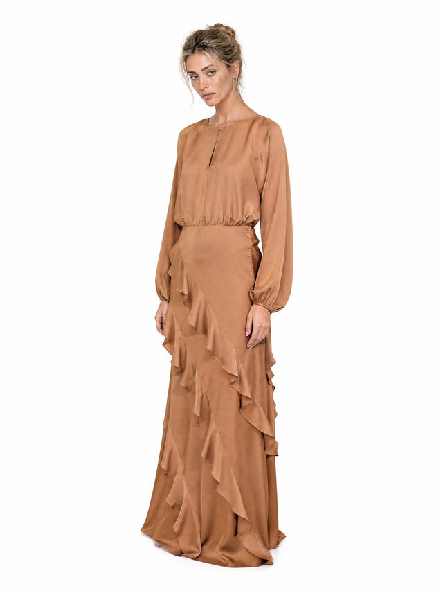 Mikael Aghal Women's Keyhole Long-Sleeve Asymmetrical Ruffle Satin Maxi Gown in Camel Caramel