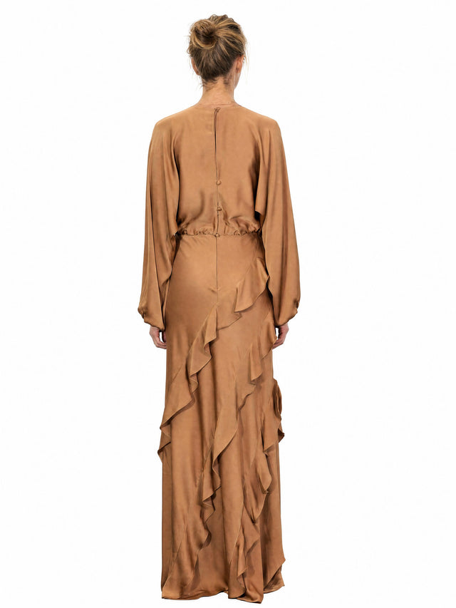Mikael Aghal Women's Keyhole Long-Sleeve Asymmetrical Ruffle Satin Maxi Gown in Camel Caramel
