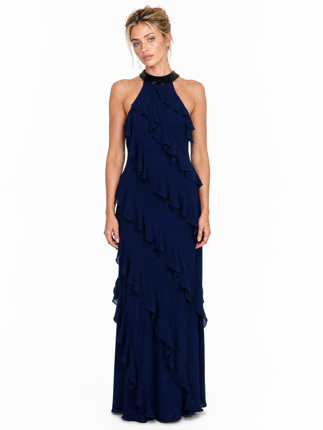 Mikael Aghal Women's Beaded Halter Neck Asymmetrical Ruffle Maxi Gown in Navy Blue