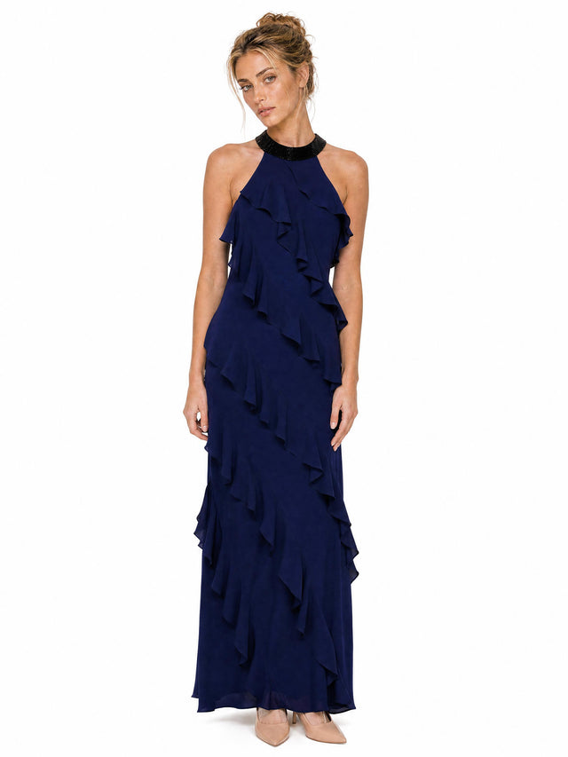 Mikael Aghal Women's Beaded Halter Neck Asymmetrical Ruffle Maxi Gown in Navy Blue