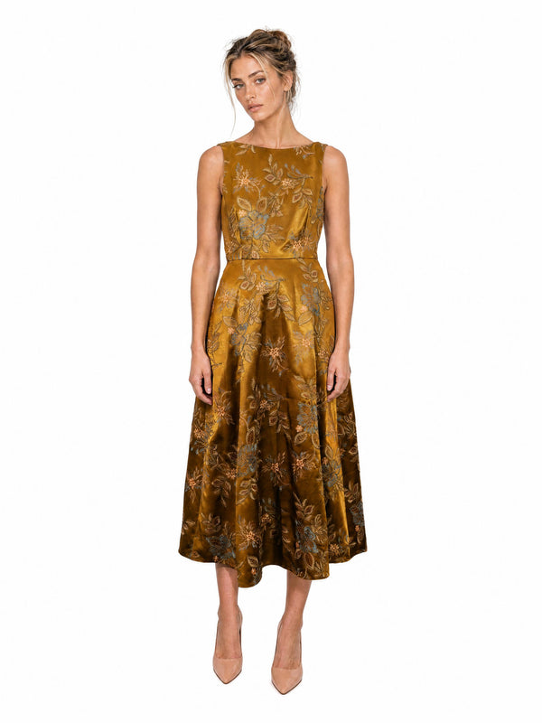 Mikael Aghal Women's Embroidered Velvet Sleeveless Midi Dress in Ochre Gold