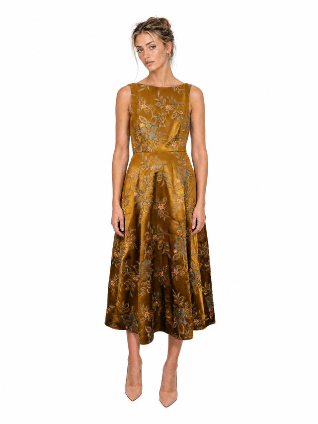 Mikael Aghal Women's Embroidered Velvet Sleeveless Midi Dress in Ochre Gold